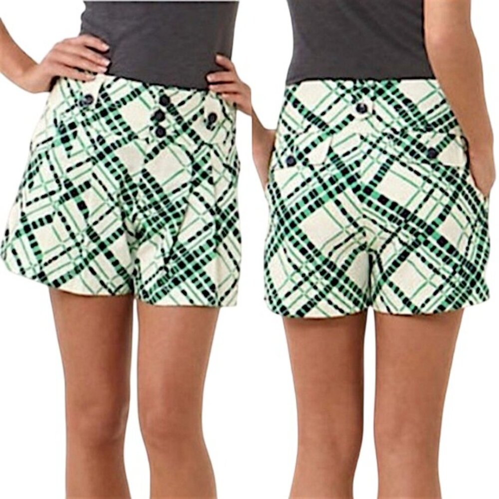 Anthropologie Hei Hei Heatwave Pleated Cotton Shorts 2 Ivory Green Blue